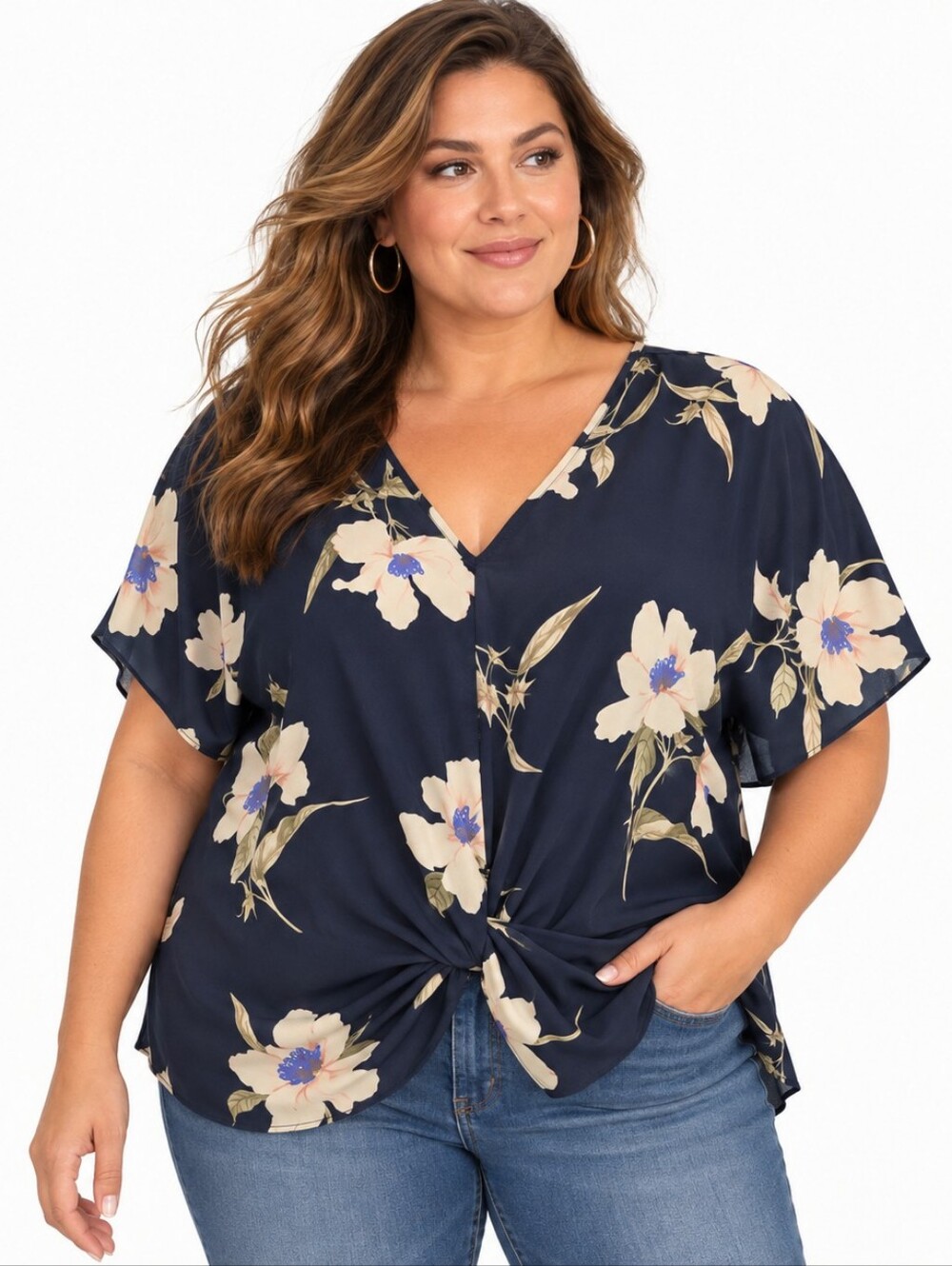 West Kei XXL Navy Floral Twist Front Blouse